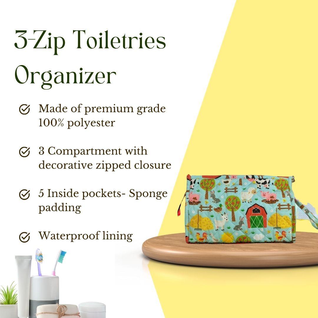 3-Zip Toiletries Organizer - Farm Animals