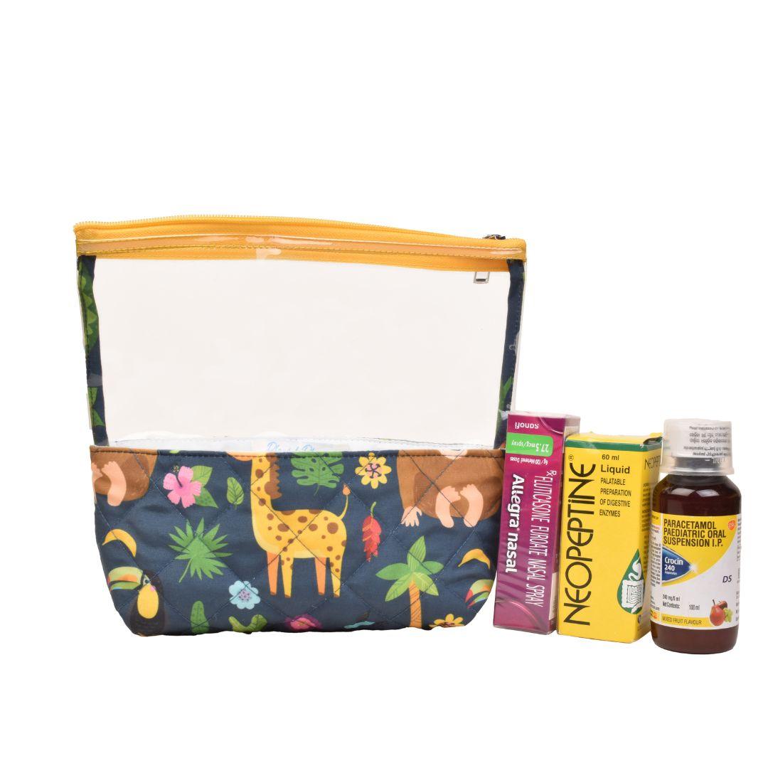 Kids medicine pouch with colorful animal illustrations.