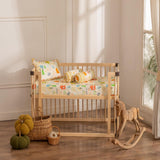 Farm animal print baby cot sheet set with matching pillowcase and two bolster covers in soft, breathable cotton fabric.