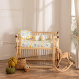 Jungle print baby cot sheet set with pillowcase and two bolster covers featuring playful animals on soft, breathable muslin fabric