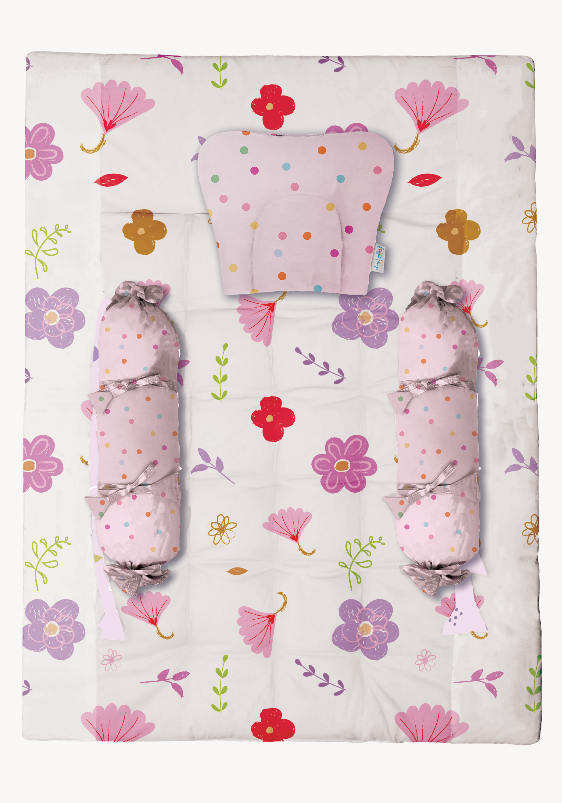 This floral print baby mattress set including one pillow, 2 bolsters and one gadda. Perfect for baby's cozy sleep.