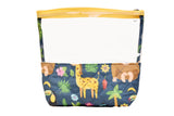 Close-up of vibrant animal print on fabric pouch. Empty medicine storage organizer.