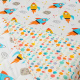 Playful Plunge space print kid comforter featuring color full rocket, start and galaxy.