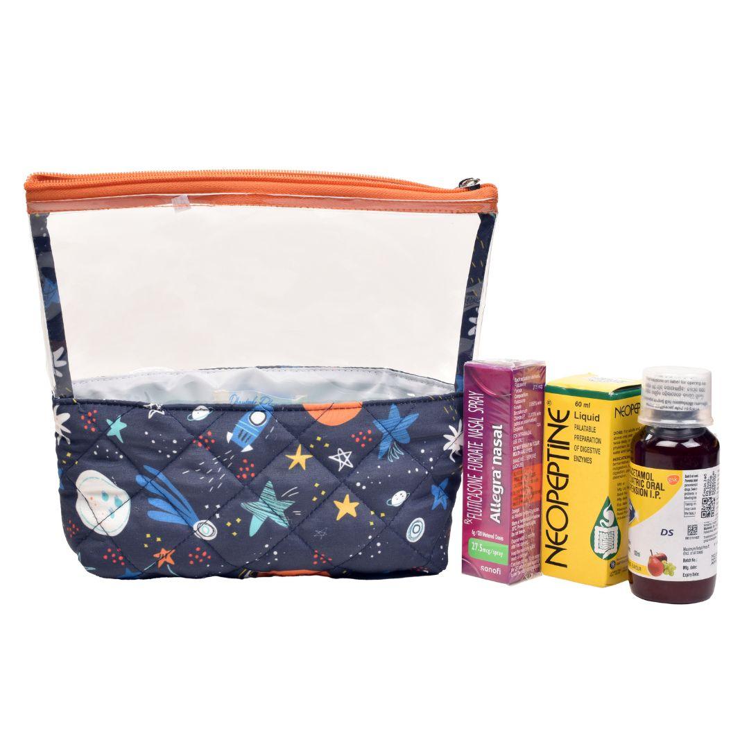 Kids outer space print pouch with astronaut and rocket.