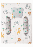 Jungle safari baby mattress set with pillow and bolsters showing playful animal like elephant, lion, giraffe print. Gadda Set Piece of 4