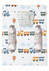 Baby mattress set with pillow and bolsters in colorful transport print – soft cotton bedding for infants.