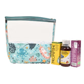 Kids medicine pouch kit with a playful under the sea print, featuring colorful fish, dolphins, turtles, and coral reefs.