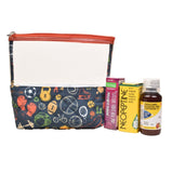 Kids medicine pouch kit with a dynamic sports print, featuring soccer balls, basketballs, footballs, and baseballs on a vibrant field-like background.