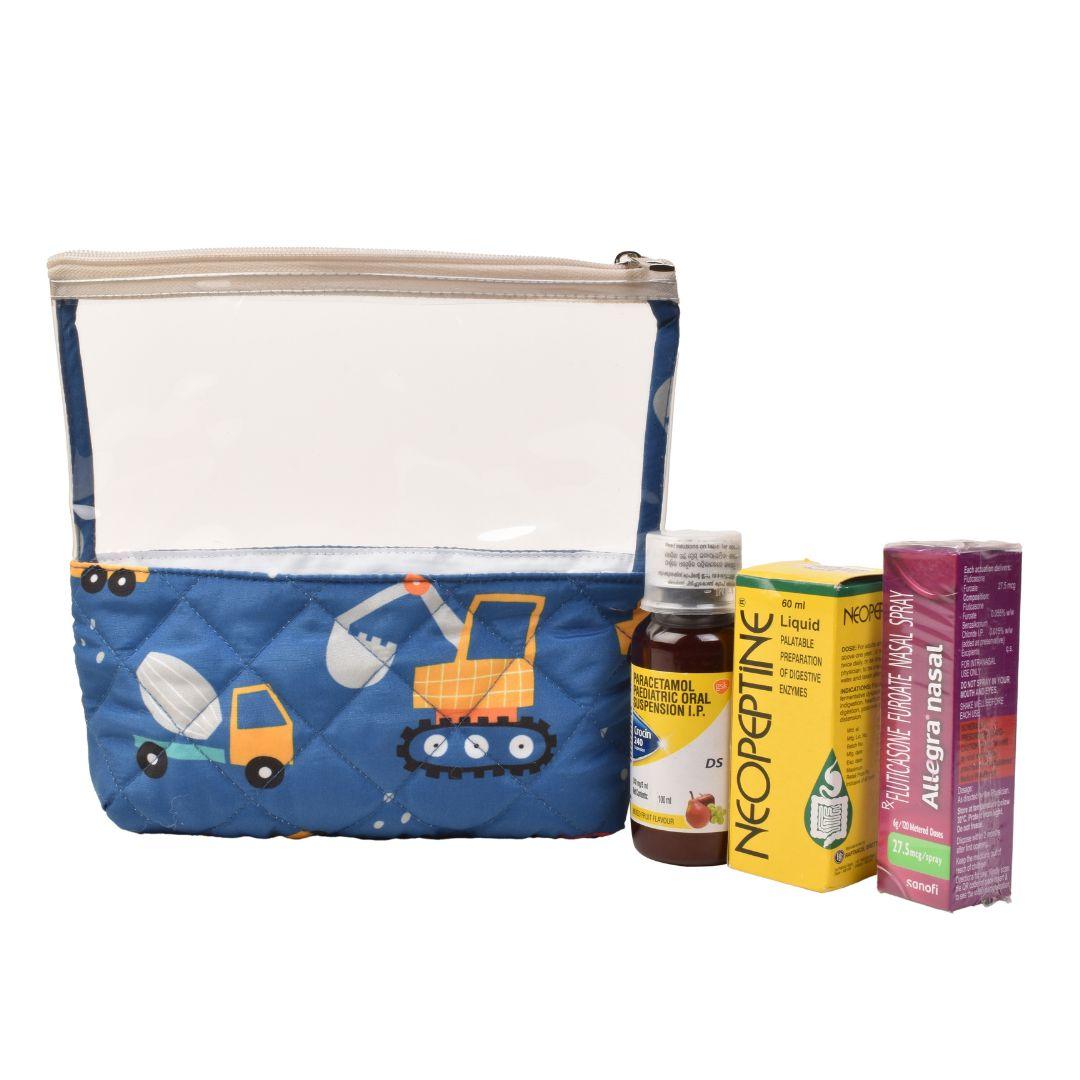 Kids pouch for medicine featuring cars, buses, and roads.