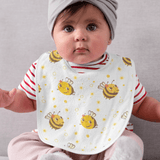 Baby muslin bib with cute yellow and brown honeybee print – lightweight and absorbent