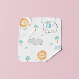 Muslin baby wipe with jungle animal print – breathable and gentle cloth for babies.