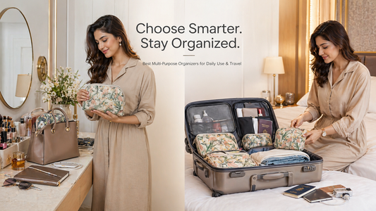 Before and after handbag organization using multi-purpose polyester organizer pouches for daily use and travel