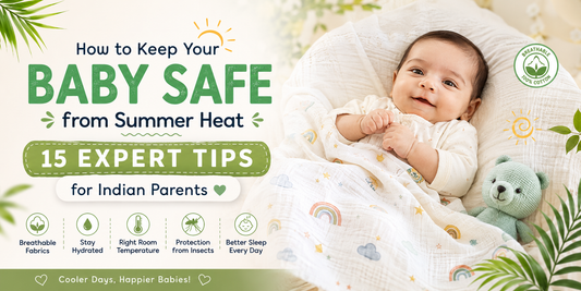 Mother keeping her newborn cool during summer using breathable muslin cotton swaddle in a bright nursery