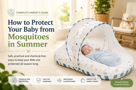 Baby sleeping safely inside a breathable mosquito net bed during summer for mosquito protection
