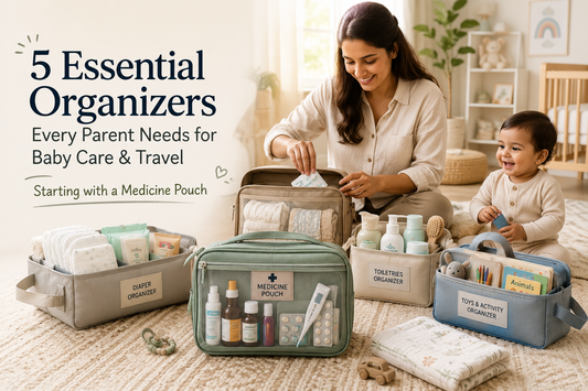 Mother organizing baby essentials using a medicine pouch, diaper organizer, toiletries organizer, and travel organizers for stress-free parenting and travel
