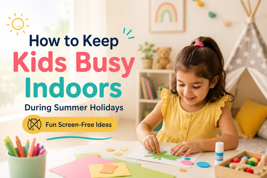 young children enjoying fun screen-free indoor summer activities with DIY crafts, sensory play, puzzles, and creative learning games at home during summer holidays.