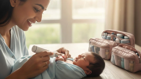 Essential items for a baby grooming kit with Playful Plunge organizer bag and electric nail trimmer for newborns.