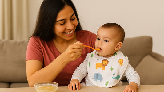 Mother feeding her baby using muslin bibs