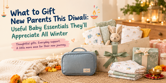 Diwali gifts for new parents featuring baby care essentials, muslin cloths, a baby organizer pouch, and a thoughtfully arranged winter baby gift hamper.