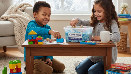 Close-up of children's hands playing with colorful, textured sensory kit materials (like beads, rice, or small toys) on a cozy rug indoors during winter, showing screen-free learning.