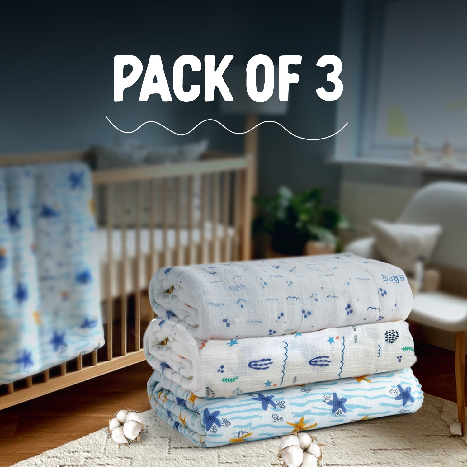 Cotton Muslin Baby Swaddle Sheet (Set of 3) - Ocean Life
