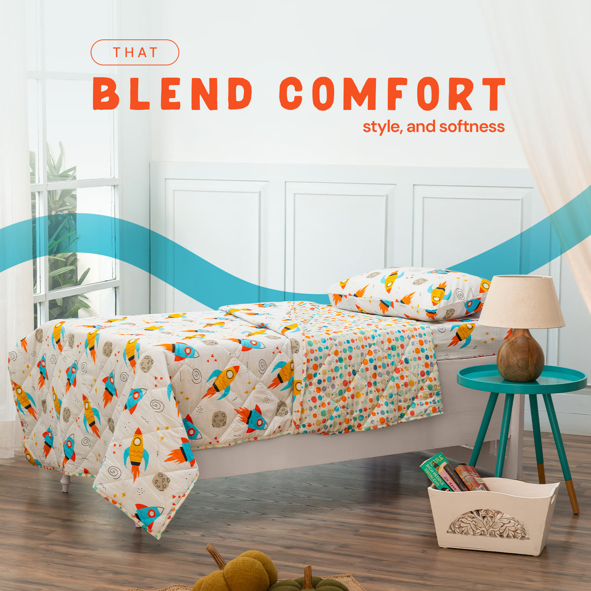 Colorful Kids Bedding Set- Space Theme  I Comforter, Pillow Cover, and Bedsheet (Pack of 3)