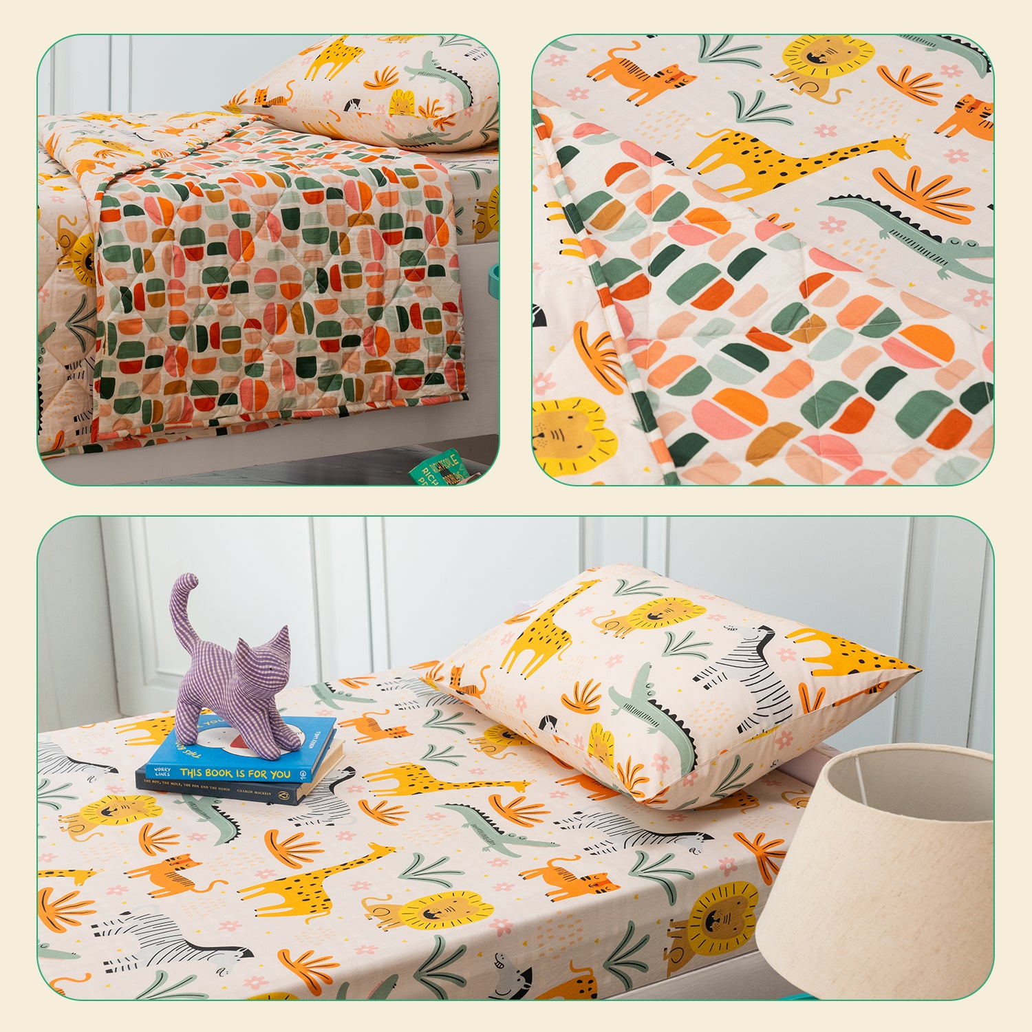 Complete Kids Bedding Set - Animal Print I Pillow Cover, Bedsheet, Reversible Blanket (Pack of 3)