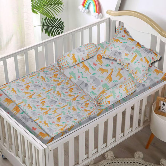 Baby Bedding Set- Jungle Print Includes Cot Sheet, Pillow Cover, 2 nos. Bolster Covers, Reversible Quilted Blanket & Quilt Cover