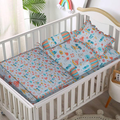 Baby Bedding Set- Under the Sea Print Includes Cot Sheet, Pillow Cover, 2 nos. Bolster Covers, Reversible Quilted Blanket & Quilt Cover