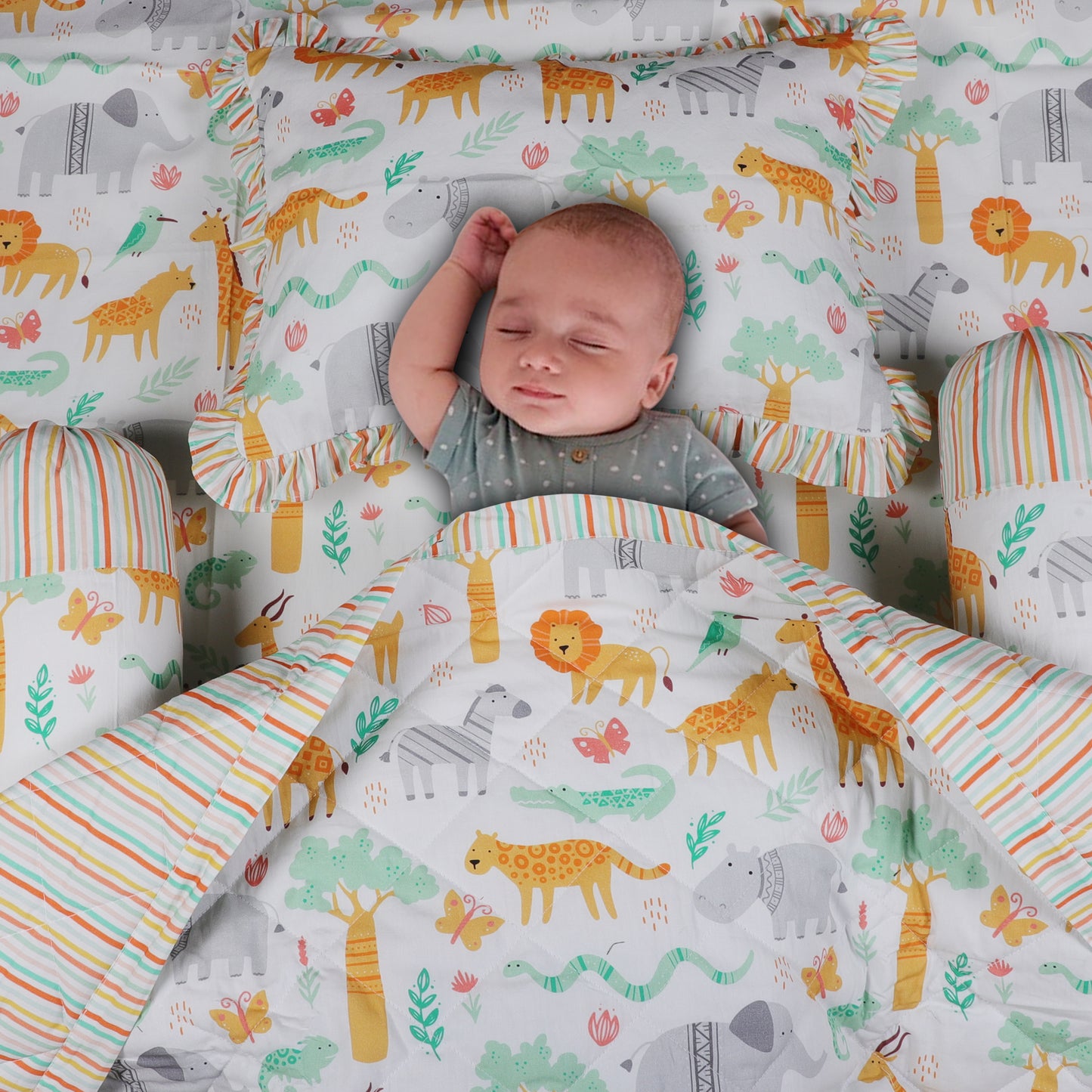 Baby Bedding Set- Jungle Print Includes Cot Sheet, Pillow Cover, 2 nos. Bolster Covers, Reversible Quilted Blanket & Quilt Cover