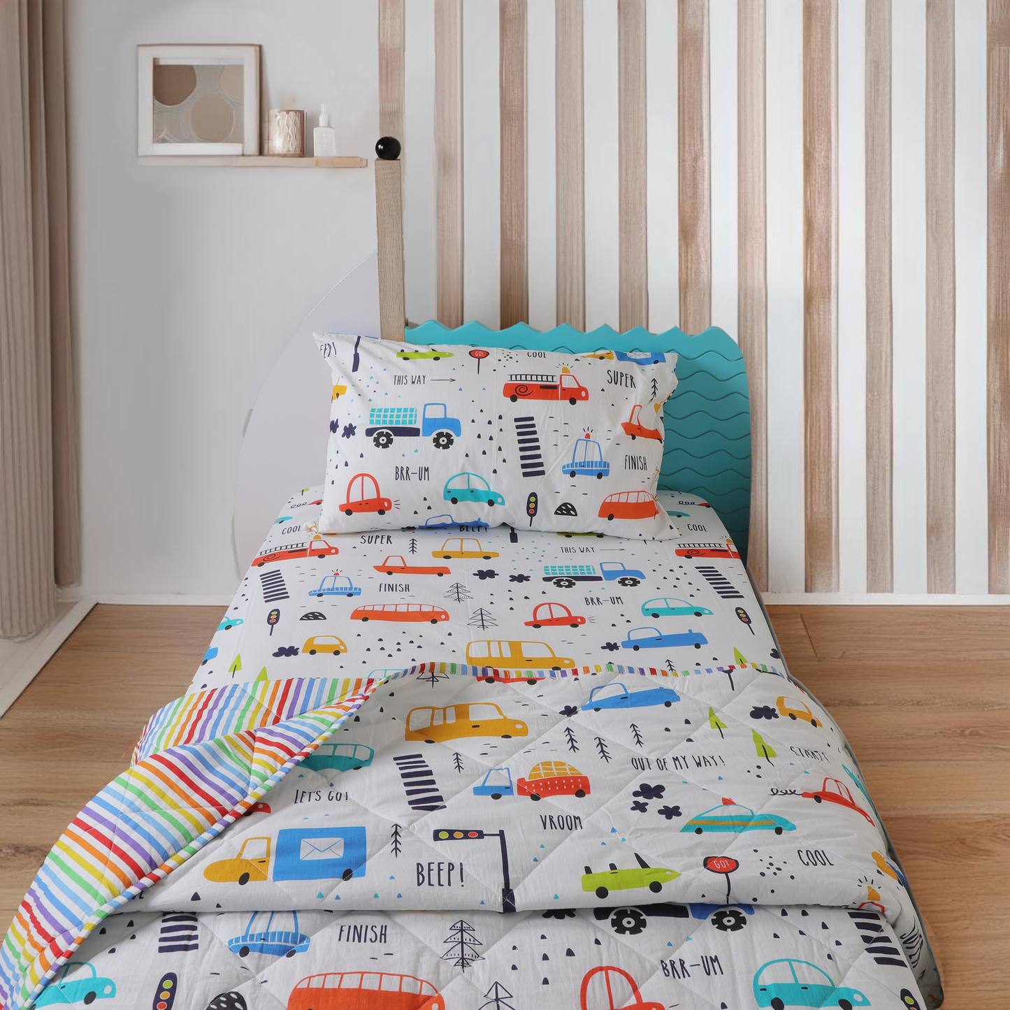 Kids Bedding Set-Transportation Print Includes Bedsheet, Pillow Cover, Reversible Quilted Blanket & Quilt Cover