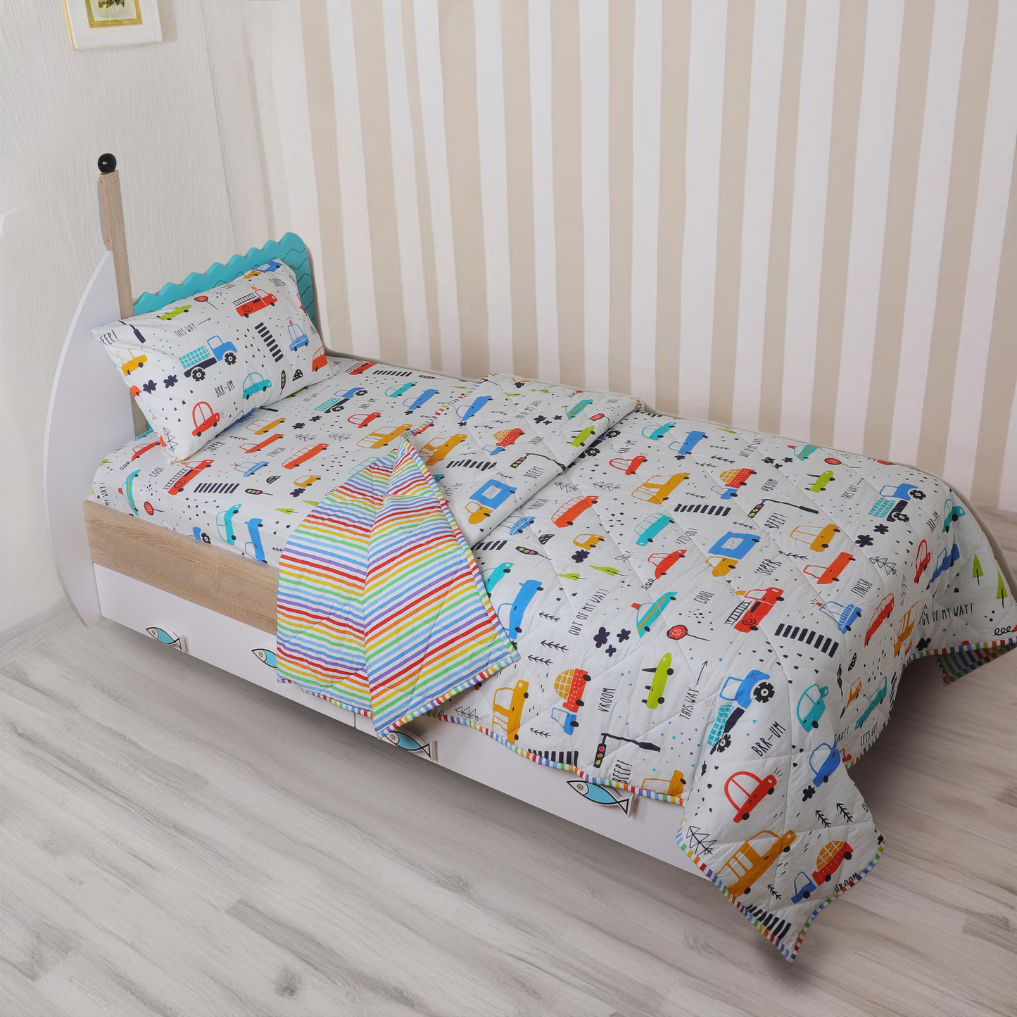 Kids Bedding Set-Transportation Print Includes Bedsheet, Pillow Cover, Reversible Quilted Blanket & Quilt Cover