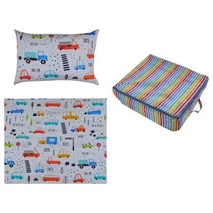 Kids Bedding Set-Transportation Print Includes Bedsheet, Pillow Cover, Reversible Quilted Blanket & Quilt Cover