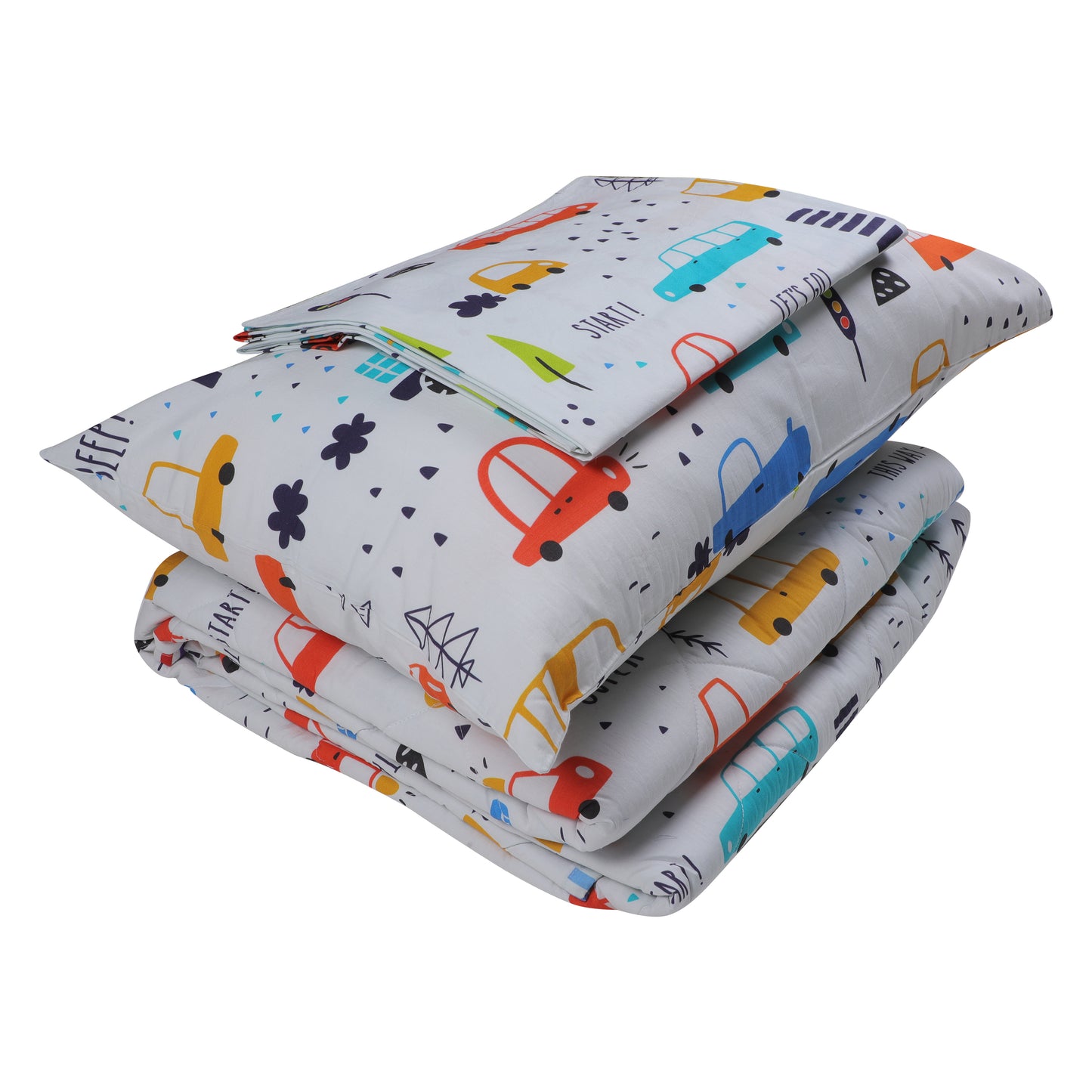 Kids Bedding Set-Transportation Print Includes Bedsheet, Pillow Cover, Reversible Quilted Blanket & Quilt Cover