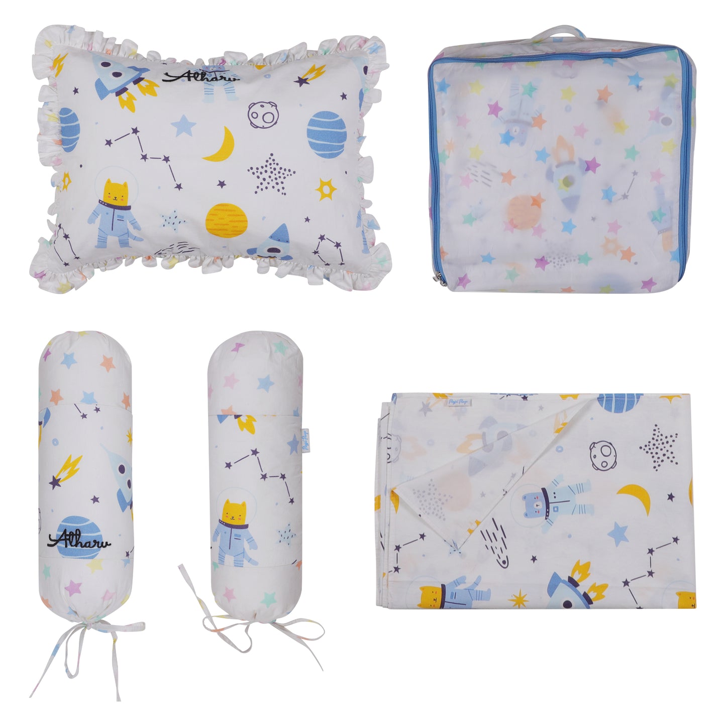 Baby Bedding Set- Outer Space Print Includes Cot Sheet, Pillow Cover, 2 nos. Bolster Covers, Reversible Quilted Blanket & Quilt Cover