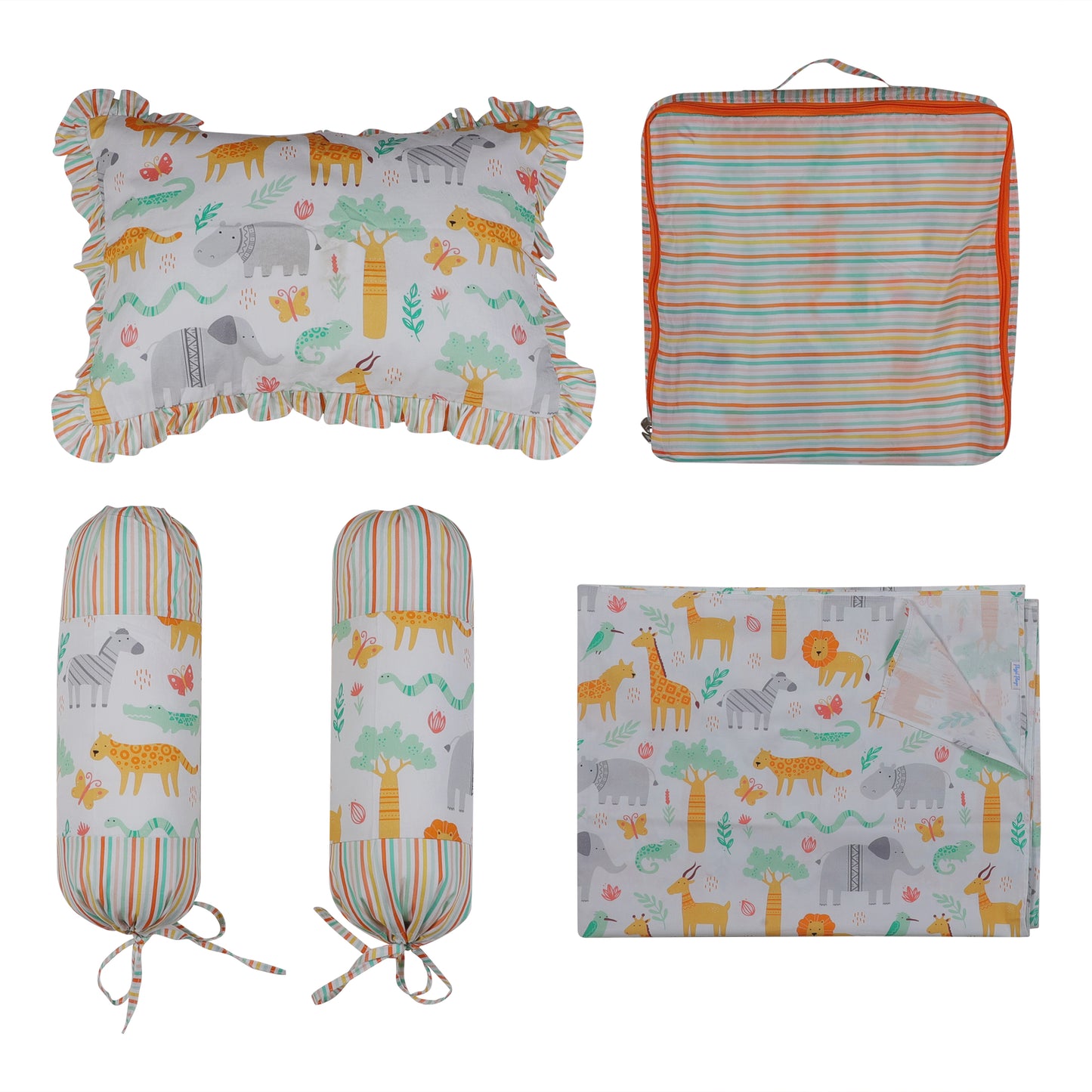 Baby Bedding Set- Jungle Print Includes Cot Sheet, Pillow Cover, 2 nos. Bolster Covers, Reversible Quilted Blanket & Quilt Cover