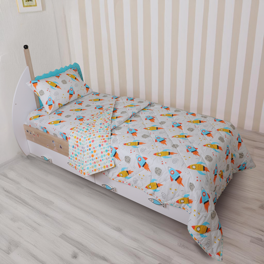 Kids Bedding Set-Outer Space Print Includes Bedsheet, Pillow Cover, Reversible Quilted Blanket & Quilt Cover