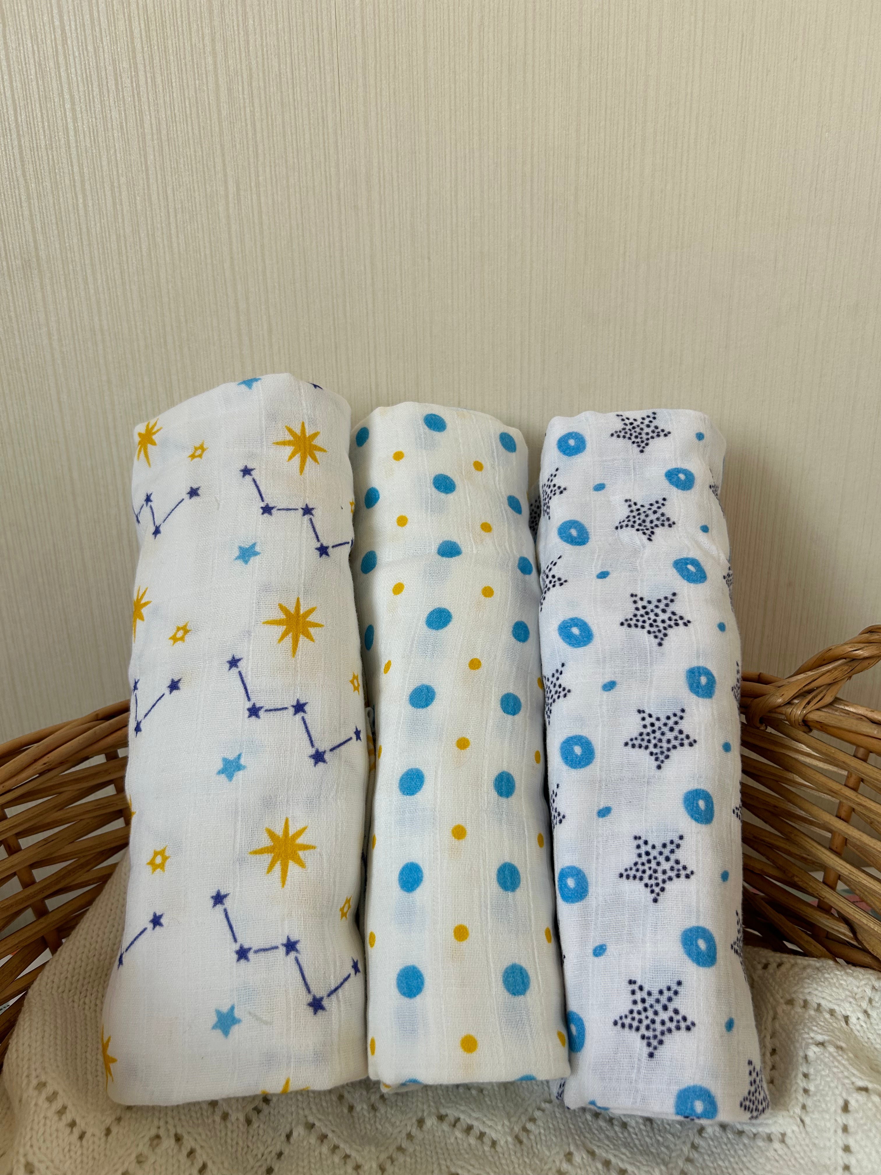 Cotton Muslin Baby Swaddle Sheet (Set of 3) - Stars