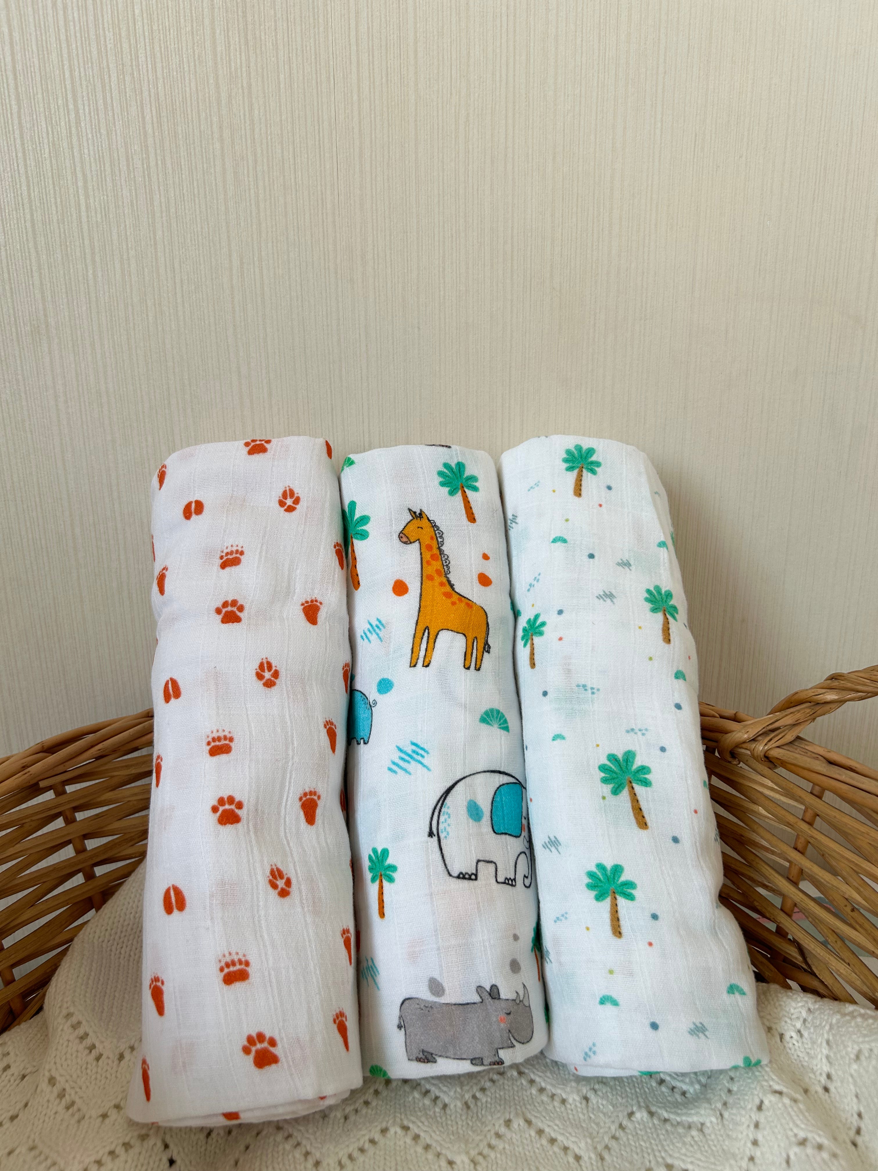 Cotton Muslin Baby Swaddle Sheet (Set of 3) - Jungle Safari