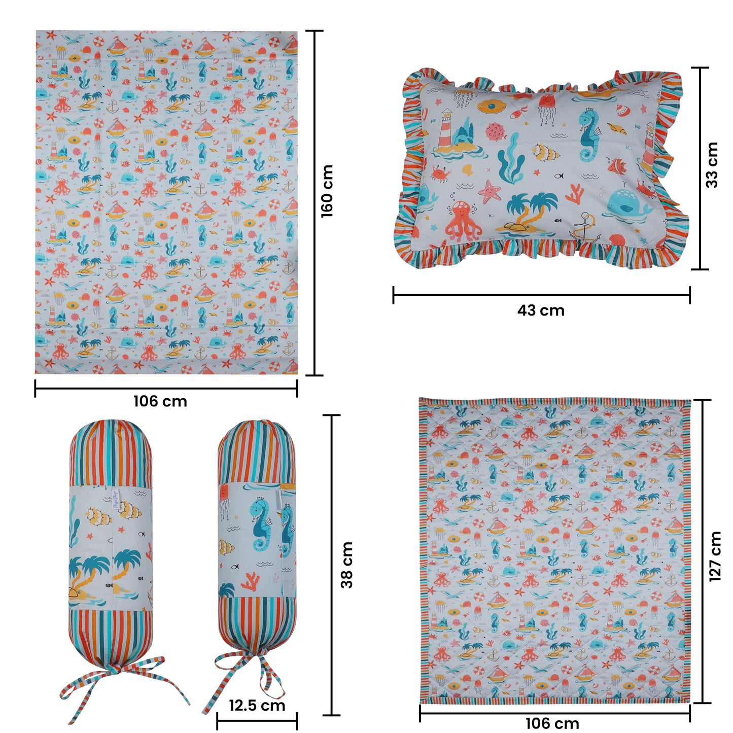 Baby Bedding Set- Under the Sea Print Includes Cot Sheet, Pillow Cover, 2 nos. Bolster Covers, Reversible Quilted Blanket & Quilt Cover