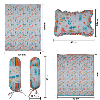 Baby Bedding Set- Under the Sea Print Includes Cot Sheet, Pillow Cover, 2 nos. Bolster Covers, Reversible Quilted Blanket & Quilt Cover