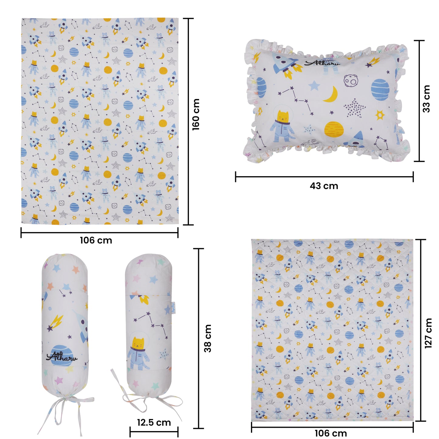 Baby Bedding Set- Outer Space Print Includes Cot Sheet, Pillow Cover, 2 nos. Bolster Covers, Reversible Quilted Blanket & Quilt Cover