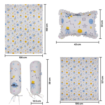 Baby Bedding Set- Outer Space Print Includes Cot Sheet, Pillow Cover, 2 nos. Bolster Covers, Reversible Quilted Blanket & Quilt Cover