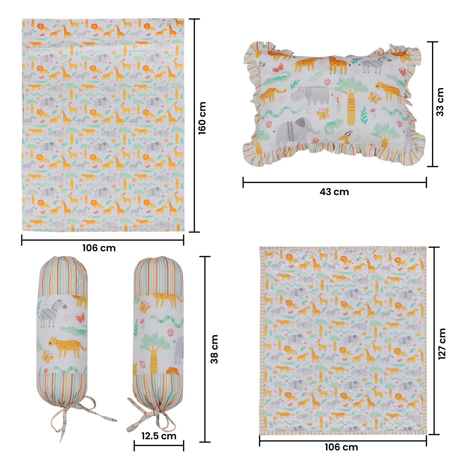 Baby Bedding Set- Jungle Print Includes Cot Sheet, Pillow Cover, 2 nos. Bolster Covers, Reversible Quilted Blanket & Quilt Cover