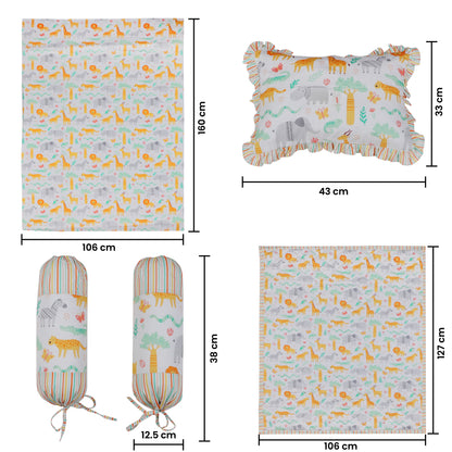 Baby Bedding Set- Jungle Print Includes Cot Sheet, Pillow Cover, 2 nos. Bolster Covers, Reversible Quilted Blanket & Quilt Cover